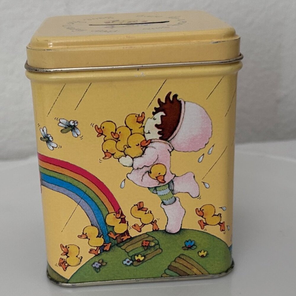 Vintage 1970s Hallmark Metal Coin Bank Box with Lid Save For A Rainy Day Rainbow